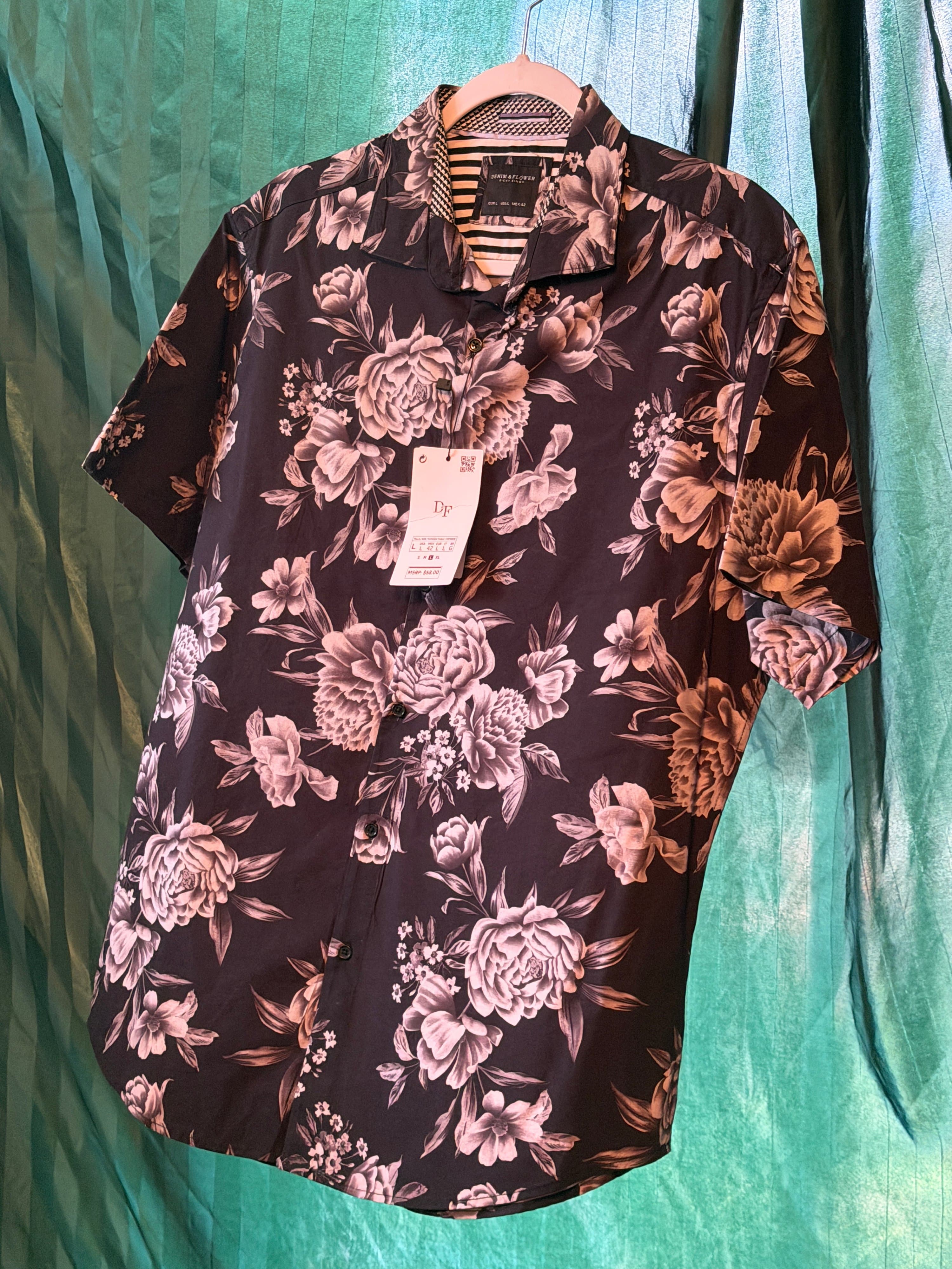 Double Flower Men's Floral Short Sleeve Shirt Size L