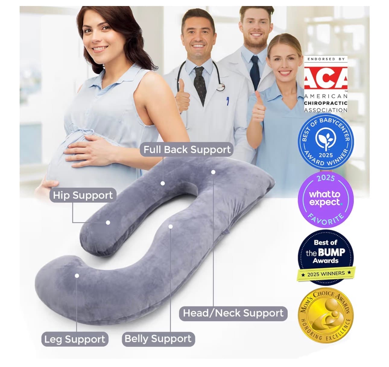 Momcozy Pregnancy Pillows for Sleeping, U Shaped Full Body Maternity Pillow with Removable Cover - Support for Back, Legs, Belly, HIPS for Pregnant Women, 57 Inch Pregnancy Pillow for Women, Grey - Thumbnail 2