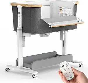 VaVaSoo Electric Rocking Bassinet for Baby 3 Speeds Automatic Bedside Sleeper Auto Rolling Newborn Cradle Rocks Itself 5 Height Adjustable with Music, Wheels, Storage, Grey & White - Thumbnail 3