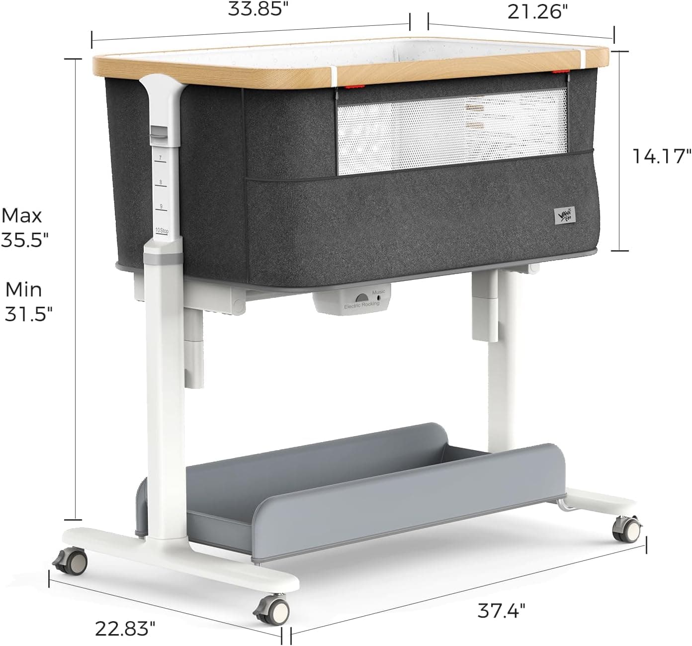 VaVaSoo Electric Rocking Bassinet for Baby 3 Speeds Automatic Bedside Sleeper Auto Rolling Newborn Cradle Rocks Itself 5 Height Adjustable with Music, Wheels, Storage, Grey & White - Thumbnail 5