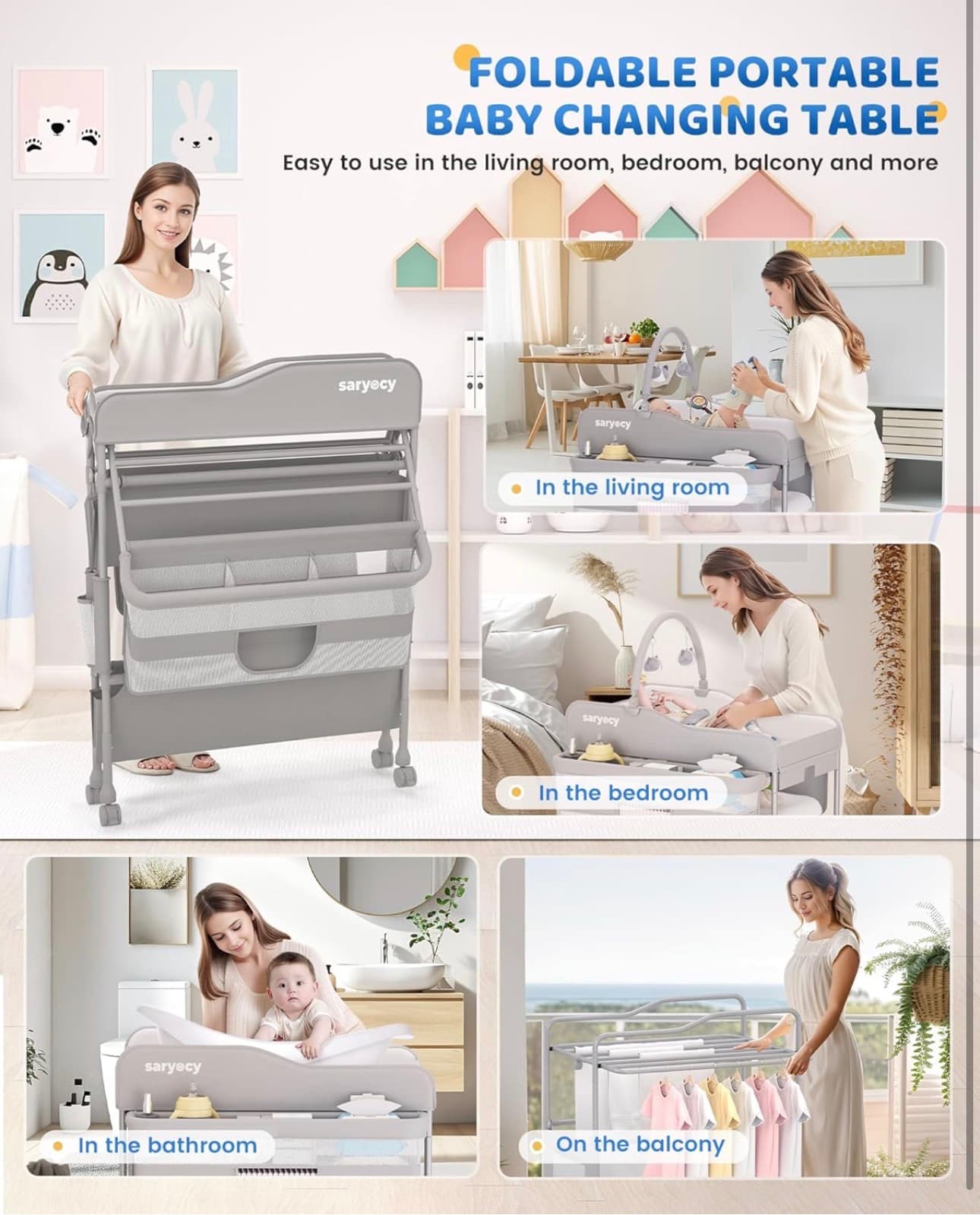 Saryocy Baby Changing Table, Versatile Folding Changing Table, Waterproof Diaper Changing Station, Adjustable Height with 2 Drawers, Baby Changing Station, Mobile Nursery for Infant and Newborn - Thumbnail 6