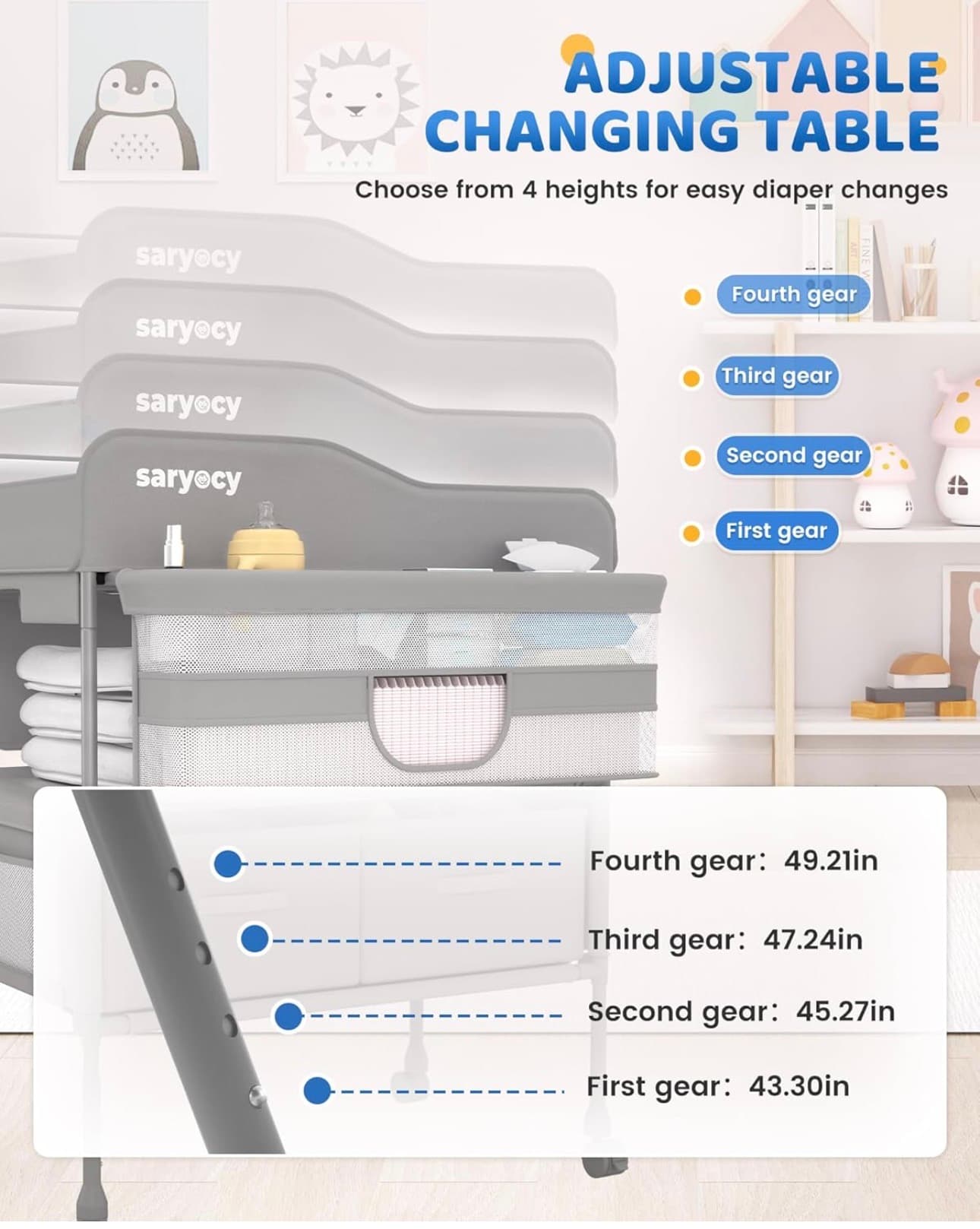 Saryocy Baby Changing Table, Versatile Folding Changing Table, Waterproof Diaper Changing Station, Adjustable Height with 2 Drawers, Baby Changing Station, Mobile Nursery for Infant and Newborn - Thumbnail 3