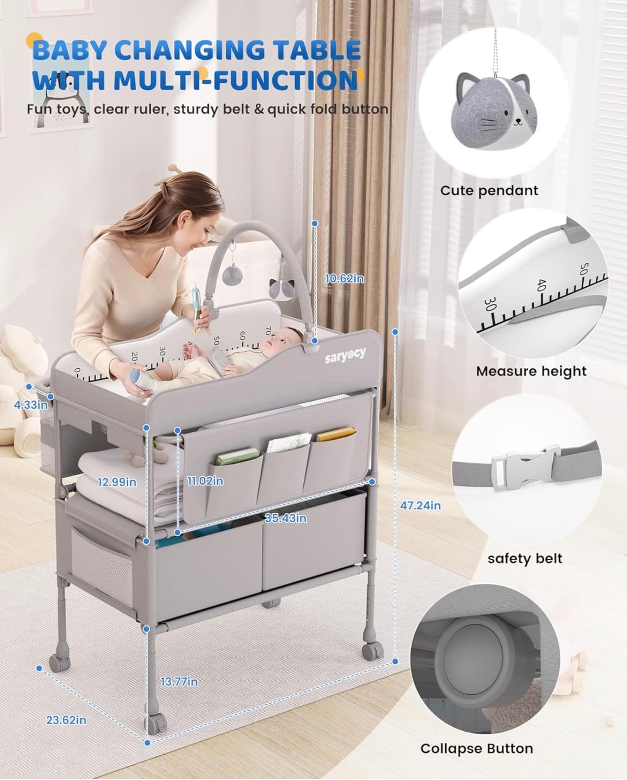 Saryocy Baby Changing Table, Versatile Folding Changing Table, Waterproof Diaper Changing Station, Adjustable Height with 2 Drawers, Baby Changing Station, Mobile Nursery for Infant and Newborn - Thumbnail 2