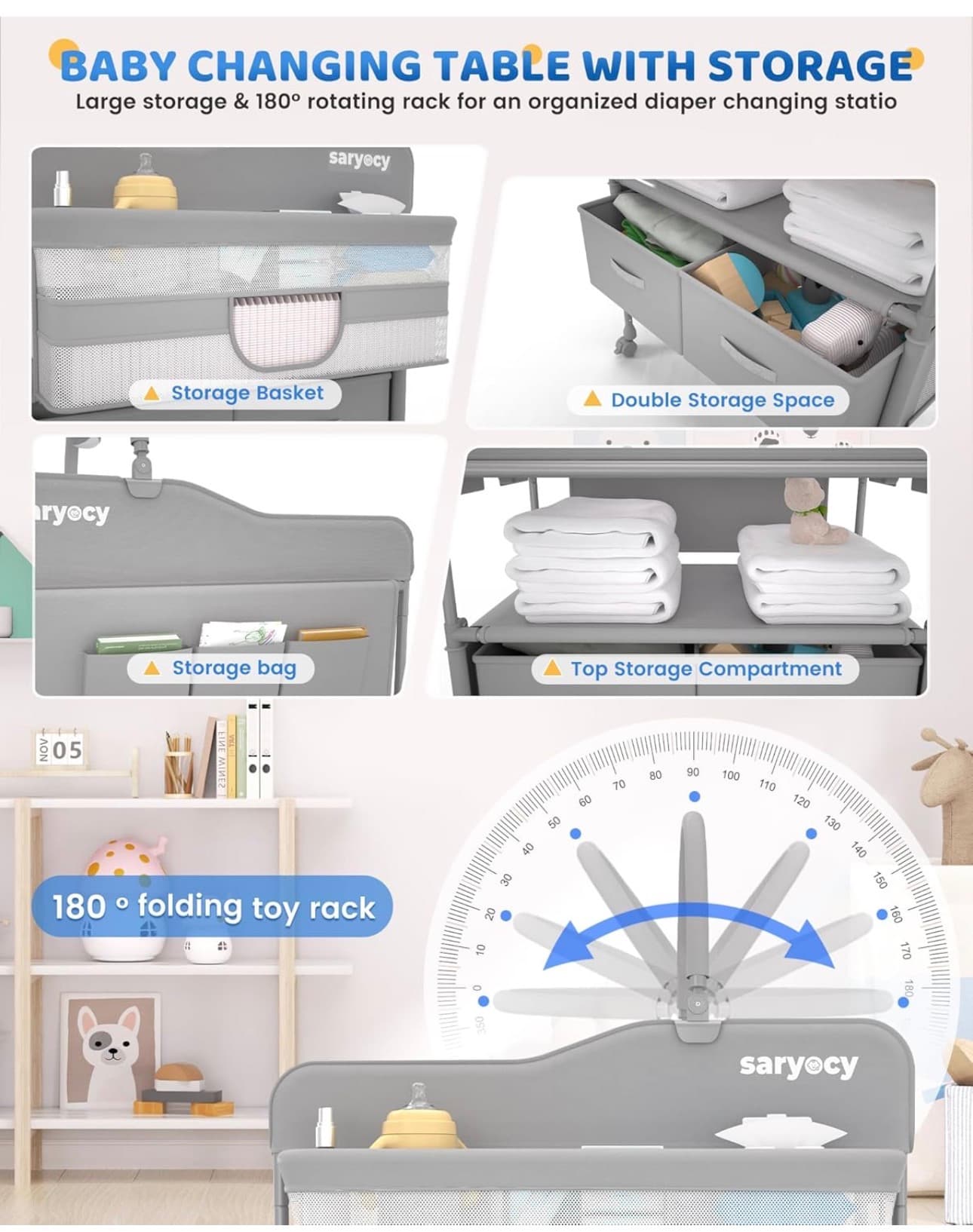 Saryocy Baby Changing Table, Versatile Folding Changing Table, Waterproof Diaper Changing Station, Adjustable Height with 2 Drawers, Baby Changing Station, Mobile Nursery for Infant and Newborn - Thumbnail 4