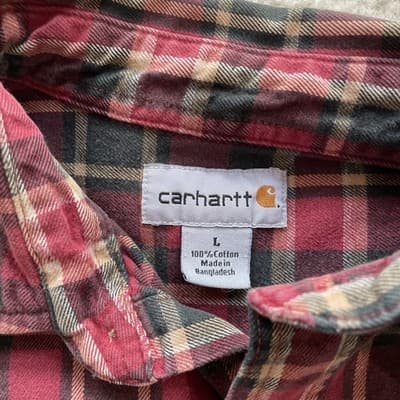 Carhartt Mens Size Large Button Flannel Plaid Shirt Heavy Cotton Red/Black - Thumbnail 2