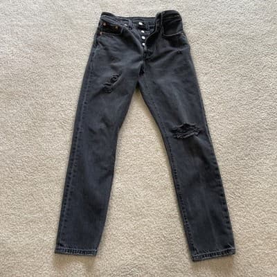 Levis 501 S Womens 24x28 Black Denim Skinny BIG E Button Fly Jeans Distressed - Thumbnail 3