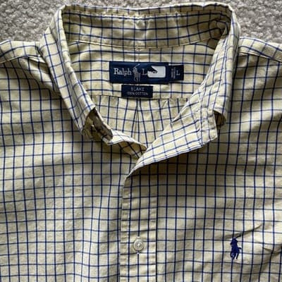 Ralph Lauren Short Sleeve Checkered Yellow Blue Blake Mens Shirt Size L Preowned - Thumbnail 2