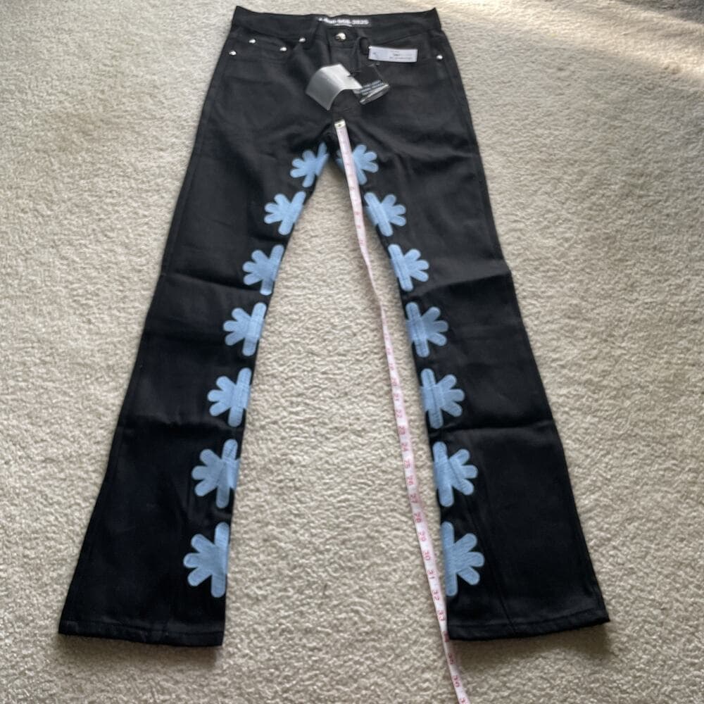 Lost Shadows (LOSTSHDWS) Black Flare Jeans w Blue Flower Embroidery Size 30 NWT - Thumbnail 12