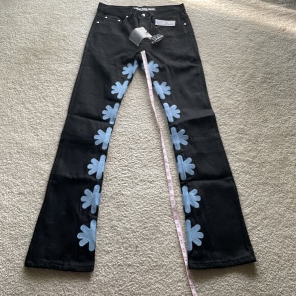 Lost Shadows (LOSTSHDWS) Black Flare Jeans w Blue Flower Embroidery Size 30 NWT - Thumbnail 13