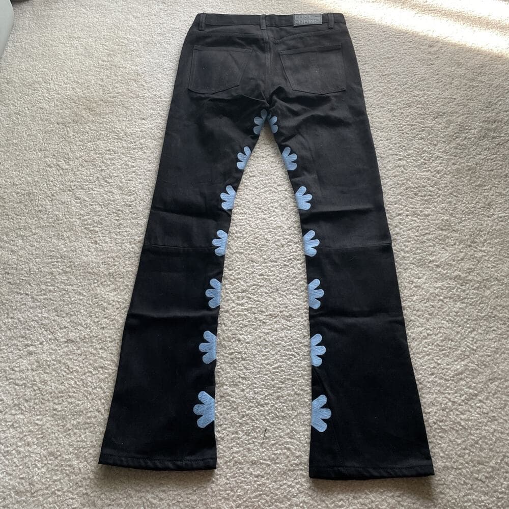 Lost Shadows (LOSTSHDWS) Black Flare Jeans w Blue Flower Embroidery Size 30 NWT - Thumbnail 8