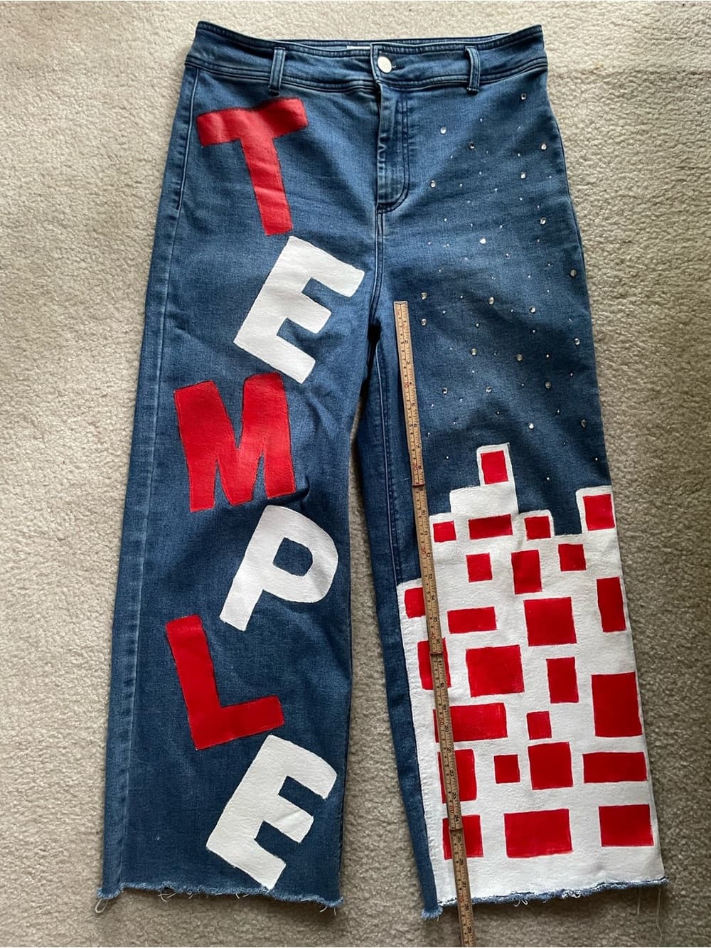 Odyn Women’s Wide-Leg Blue Jeans Custom Temple University Theme - Size 12/30 - Thumbnail 4