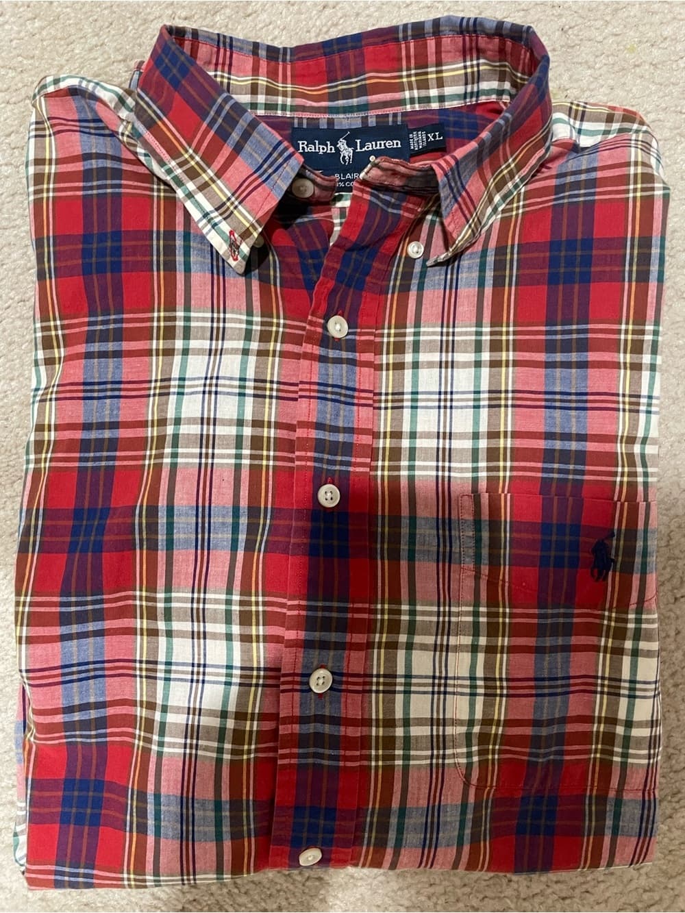 Ralph Lauren Mens XL Red Plaid Button-Down Shirt Blaire 100% Cotton - Thumbnail 6