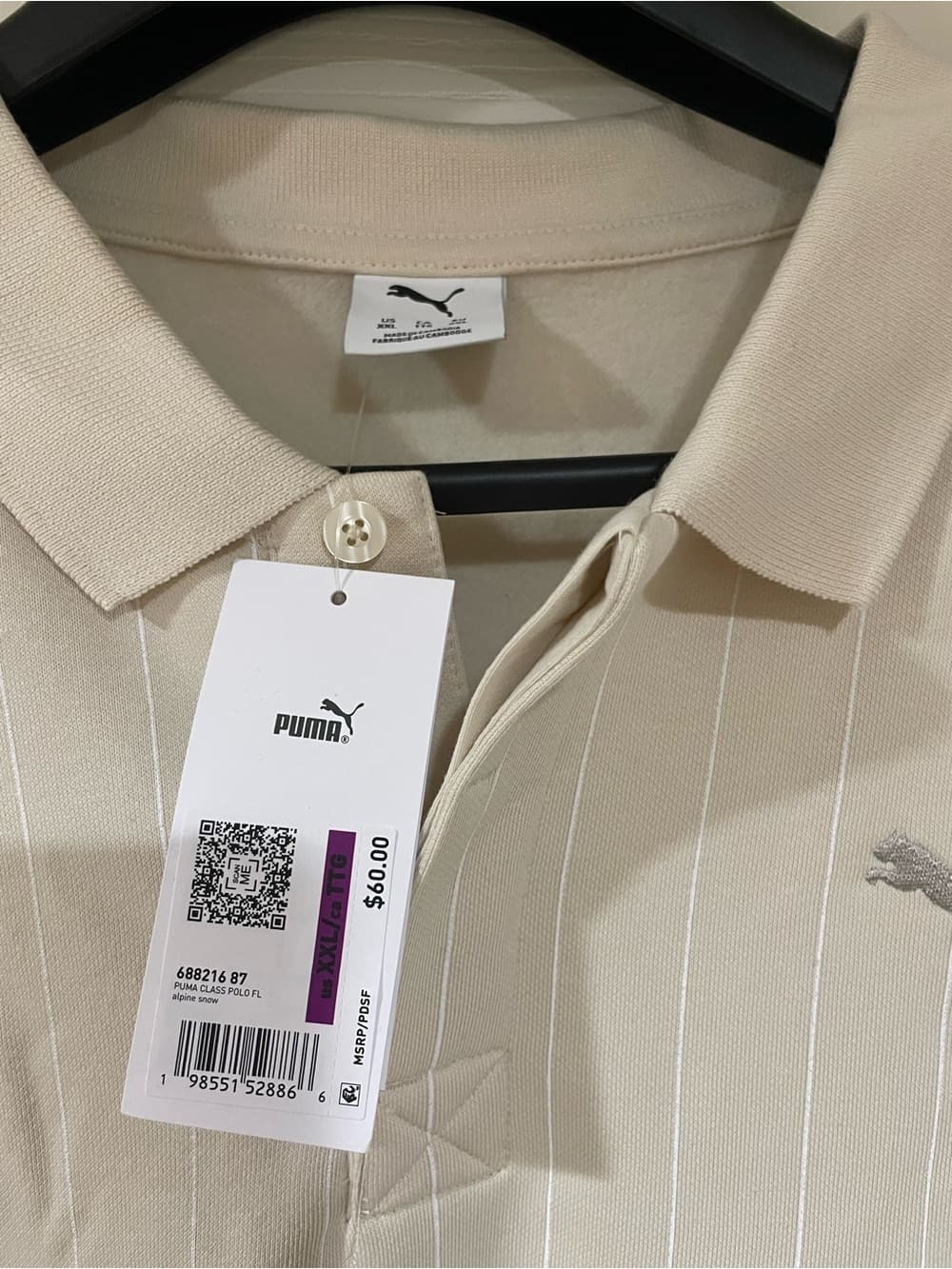 Puma Men's XXL Cream Pinstripe Long-Sleeve Polo NWT - Thumbnail 2