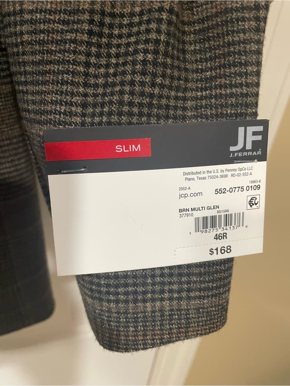 jf j.ferrar Grey/Brown Plaid Sport Coat Mens Size 46 Regular NWT - Thumbnail 2