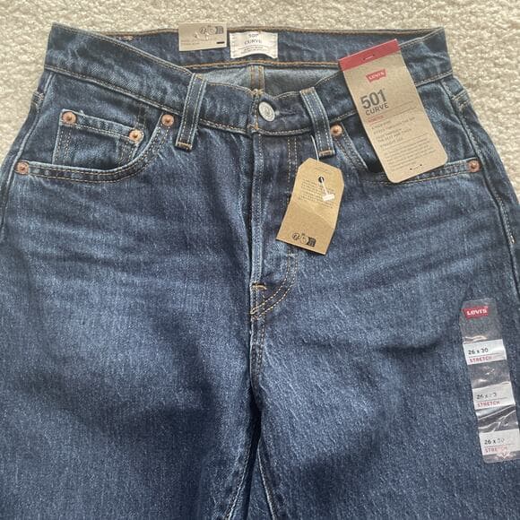 Levis 501 Curve High Rise Straight Leg Stretch Dark Blue Jeans Womens 31x30 NWT - Thumbnail 14