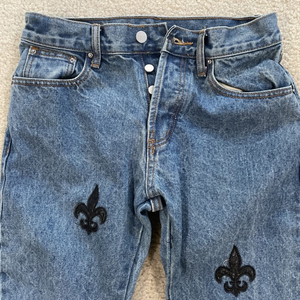 MNML 100% Cotton Blue Jeans w Fleur-de-lis Embroidery Womens Size 29 Rough Hem - Thumbnail 11