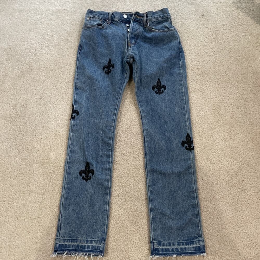 MNML 100% Cotton Blue Jeans w Fleur-de-lis Embroidery Womens Size 29 Rough Hem - Thumbnail 2