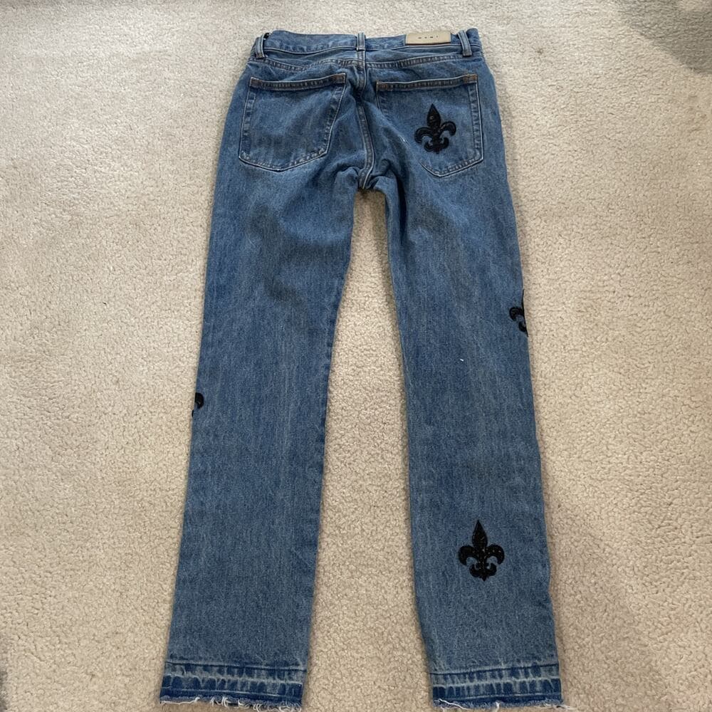 MNML 100% Cotton Blue Jeans w Fleur-de-lis Embroidery Womens Size 29 Rough Hem - Thumbnail 7