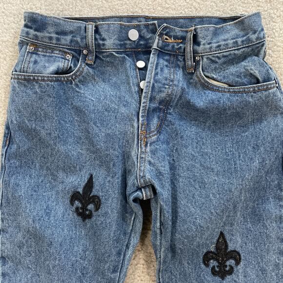 MNML 100% Cotton Blue Jeans w Fleur-de-lis Embroidery Womens Size 29 Rough Hem - Thumbnail 12