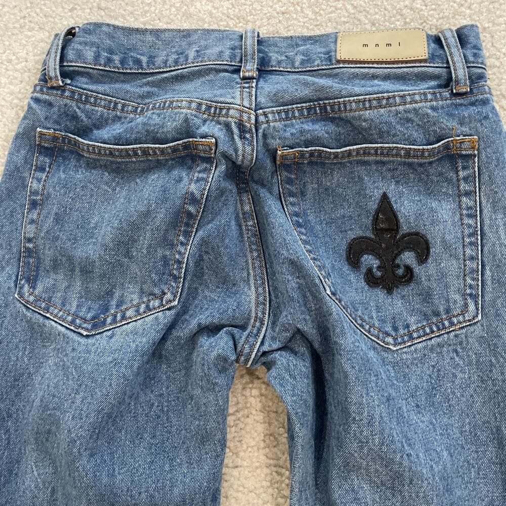 MNML 100% Cotton Blue Jeans w Fleur-de-lis Embroidery Womens Size 29 Rough Hem - Thumbnail 8