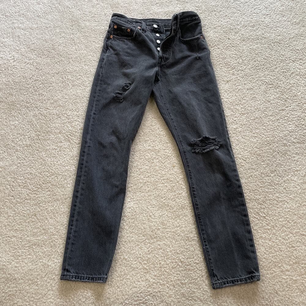 Levis 501 S Womens 24x28 Black Denim Skinny BIG E Button Fly Jeans Distressed - Thumbnail 2