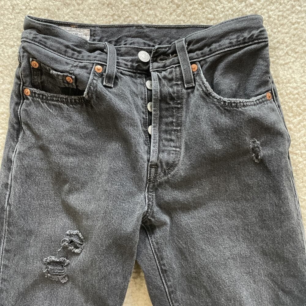 Levis 501 S Womens 24x28 Black Denim Skinny BIG E Button Fly Jeans Distressed - Thumbnail 12