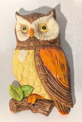 Vintage 1970s Ceramic Owl Wall Plaque Hanging Hand Painted Retro Boho Decor