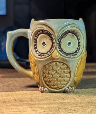 Vintage Ceramic Owl Coffee Mug Drip Glaze Earth Tone Brown 3D Embossed Boho MCM