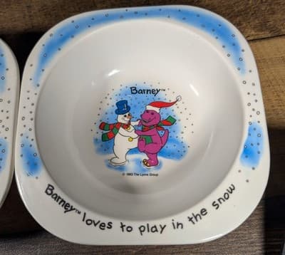 Vintage 1993 Barney "Loves to Play in the Snow" Bowls - Set of 2 by Selandia - Thumbnail 2