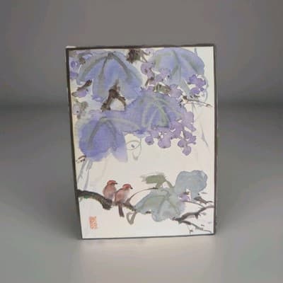 Vintage Japanese Shikishi Board Art Print Bird Wisteria Watercolor Style Signed - Thumbnail 11