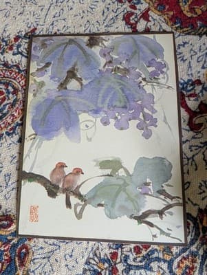Vintage Japanese Shikishi Board Art Print Bird Wisteria Watercolor Style Signed - Thumbnail 8