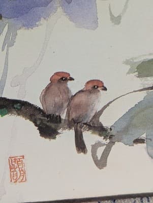 Vintage Japanese Shikishi Board Art Print Bird Wisteria Watercolor Style Signed - Thumbnail 2