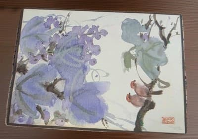 Vintage Japanese Shikishi Board Art Print Bird Wisteria Watercolor Style Signed - Thumbnail 9