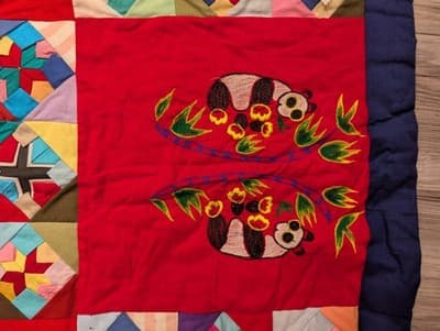 Vintage Chinese Embroidered Patchwork Quilt Blanket Dragon Panda Silk Throw - Thumbnail 9