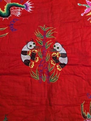 Vintage Chinese Embroidered Patchwork Quilt Blanket Dragon Panda Silk Throw - Thumbnail 3