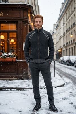 Hartford Men's XL Full Zip Lambswool Sweater Made in Spain - Mock Neck Vintage - Thumbnail 15