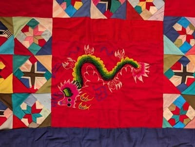 Vintage Chinese Embroidered Patchwork Quilt Blanket Dragon Panda Silk Throw - Thumbnail 7