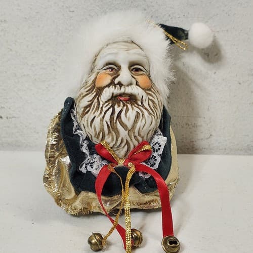 Christmas Santa Claus White Face Head Ornament Felt Ceramic Bells Vintage - Thumbnail 3