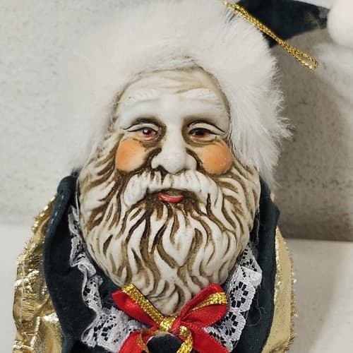 Christmas Santa Claus White Face Head Ornament Felt Ceramic Bells Vintage - Thumbnail 2
