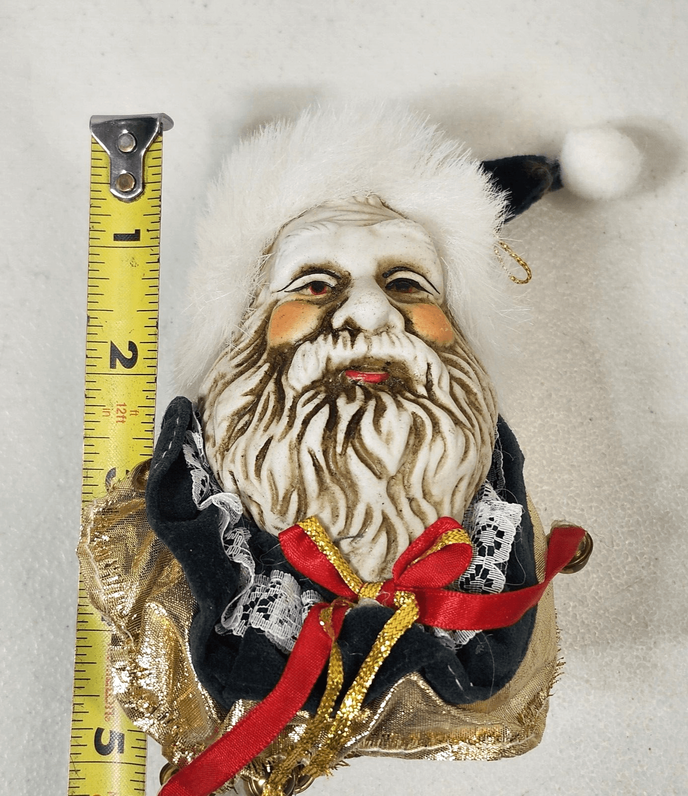Christmas Santa Claus White Face Head Ornament Felt Ceramic Bells Vintage - Thumbnail 8