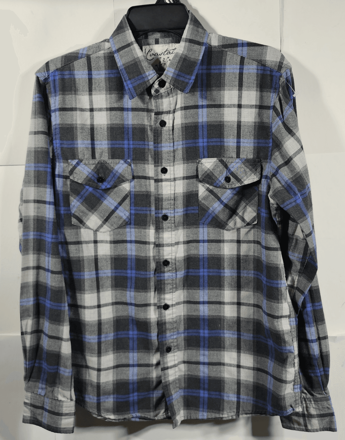 Coastal Shirt Mens' Medium Plaid Long Sleeve Button Up Gray Black Blue Cowboy - Thumbnail 5