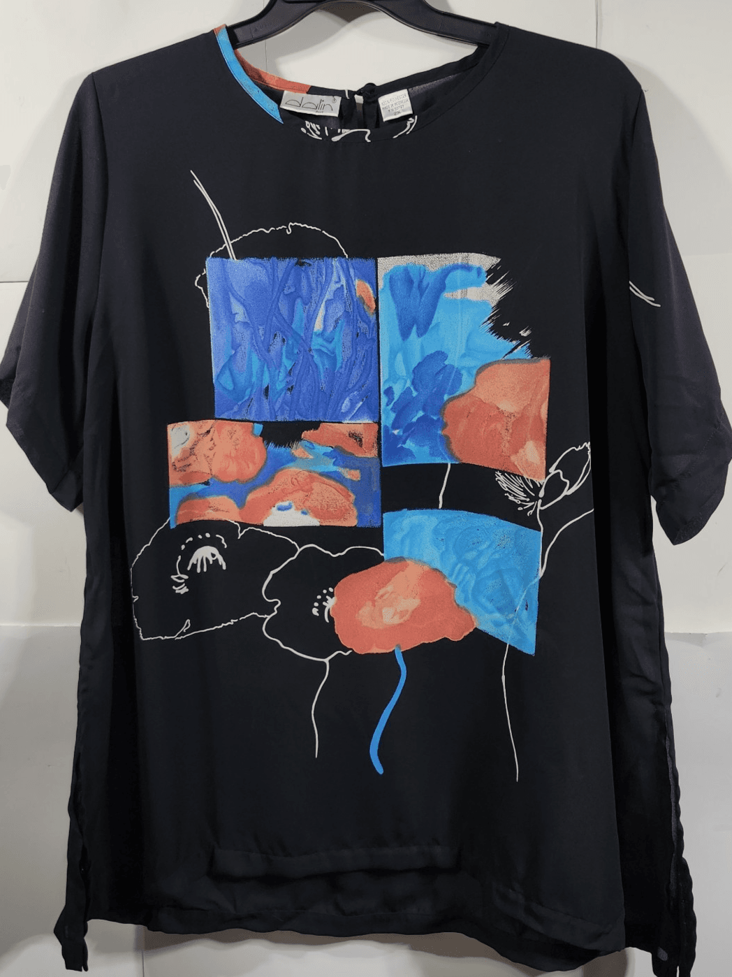 Vintage Women's 2X Blouse Abstract Floral Black Short Sleeve Dalin Plus - Thumbnail 5
