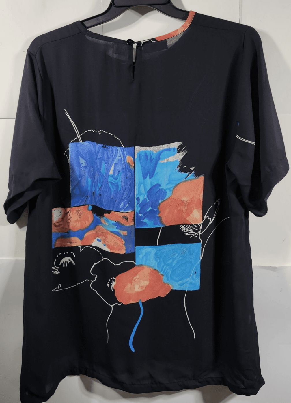 Vintage Women's 2X Blouse Abstract Floral Black Short Sleeve Dalin Plus - Thumbnail 4