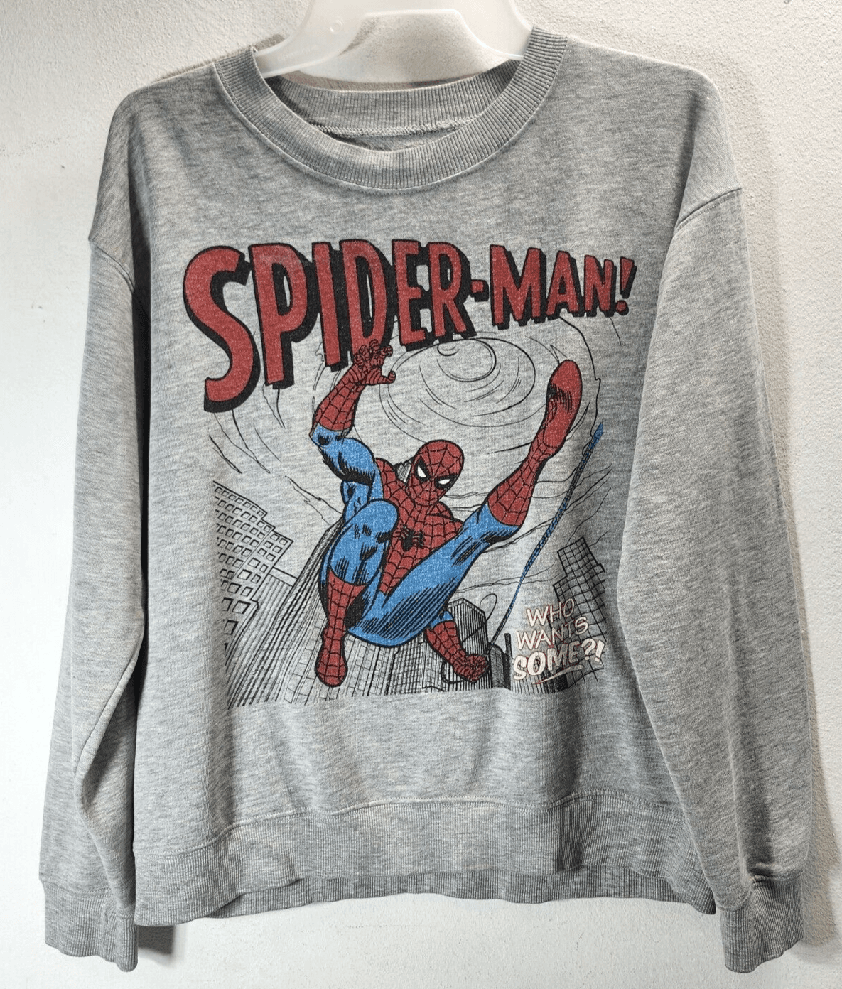Marvel Comics Spider-Man Sweatshirt Womens S Crew Neck Graphic Heathered Gray