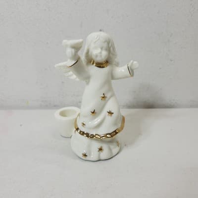 2 Angel Figurines White Gold Stars and Trim Taper Candle Holders VTG - Thumbnail 9