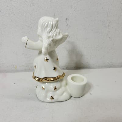 2 Angel Figurines White Gold Stars and Trim Taper Candle Holders VTG - Thumbnail 5