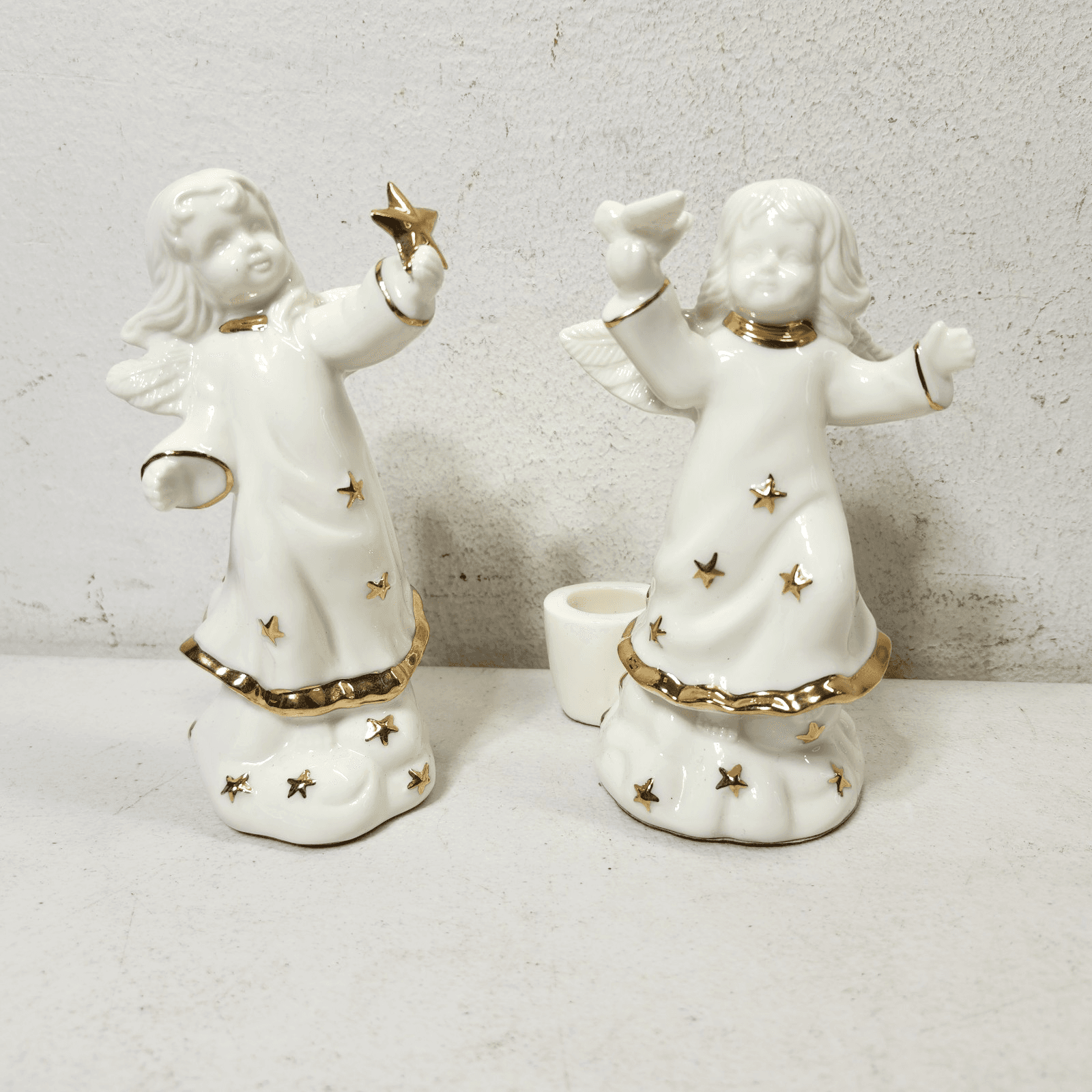 2 Angel Figurines White Gold Stars and Trim Taper Candle Holders VTG - Thumbnail 3