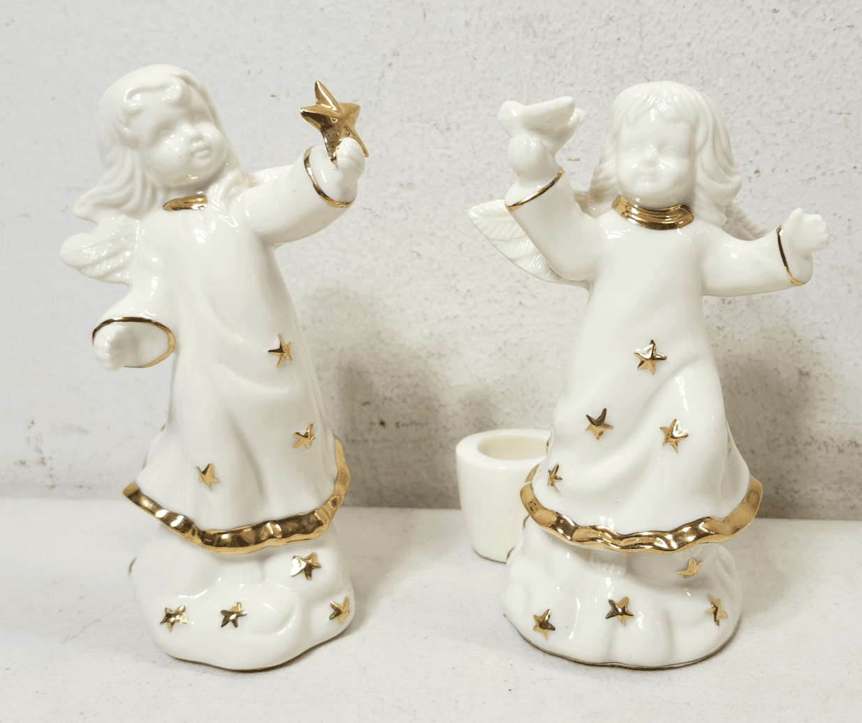 2 Angel Figurines White Gold Stars and Trim Taper Candle Holders VTG - Thumbnail 2