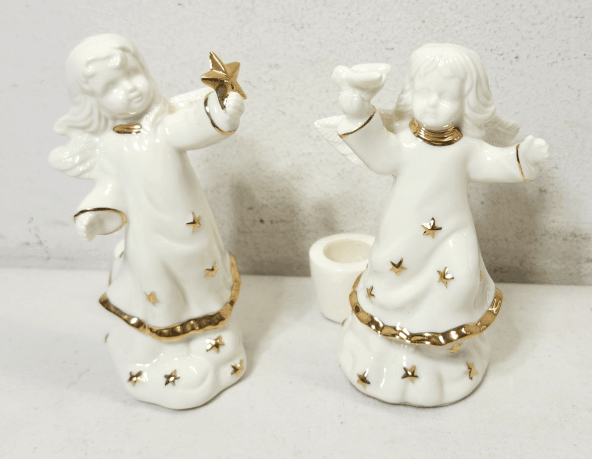 2 Angel Figurines White Gold Stars and Trim Taper Candle Holders VTG