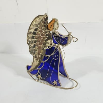 Stained Glass Angel Candle Holder Blue W/Gold-tone Metal Free-Standing 8.5” Tall - Thumbnail 5